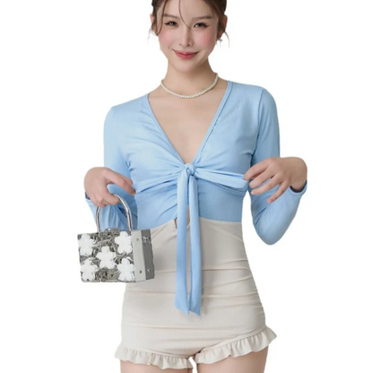 Bikini Set – V-Neck Long Sleeve with Ruffle High Waist - - Swimwear