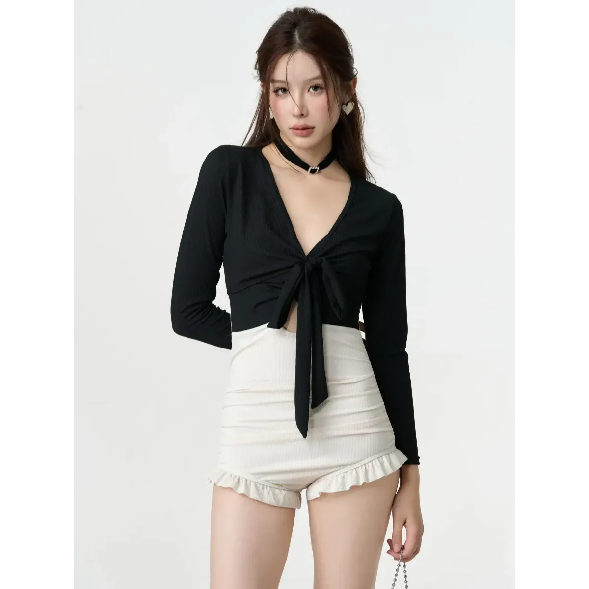 Bikini Set – V-Neck Long Sleeve with Ruffle High Waist - - Swimwear