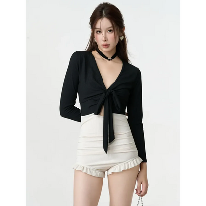 Bikini Set – V-Neck Long Sleeve with Ruffle High Waist - - Swimwear
