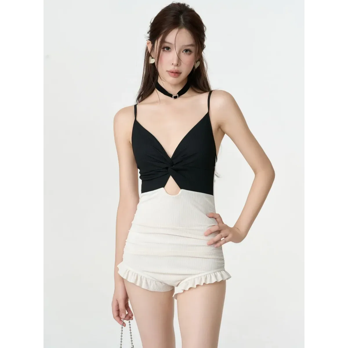 Bikini Set – V-Neck Long Sleeve with Ruffle High Waist - - Swimwear