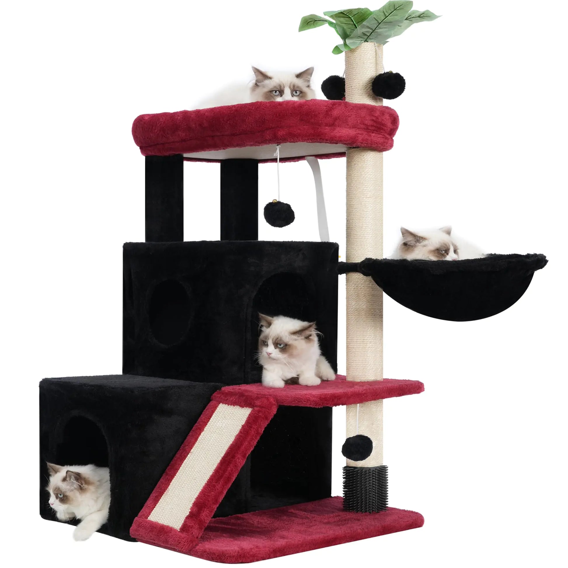 Gitelsnour Cat Tree Cat Tower with Spacious Cat Condo Cat Tree Tower for Indoor Cats with Cat Self Groomer Brush Cat Scratching Post Cat Hammock Black and red GCT012BR Kia Day Design