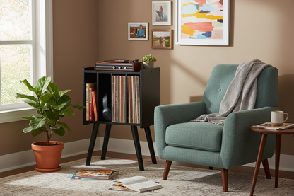 Acacia Wood LP Record Player Stand with 4 Cabinets Holds up to 100 Vinyls - - cabinet