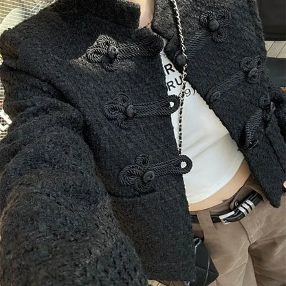 Black Qi Lolita Knit Cardigan – Neo-Chinese Y2K Long Sleeve Coat - Black - Cardigans