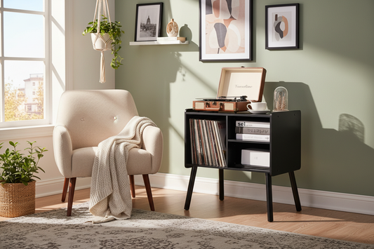 150 Album Black Mid-Century Record Player Stand - - cabinet