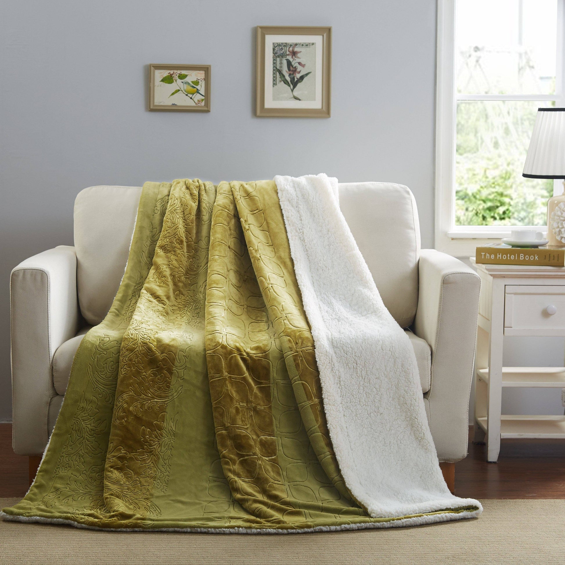 Tache Solid Embossed Green Olive Chartreuse Sherpa Throw Blanket (62096) - 90 x 90 - Blanket