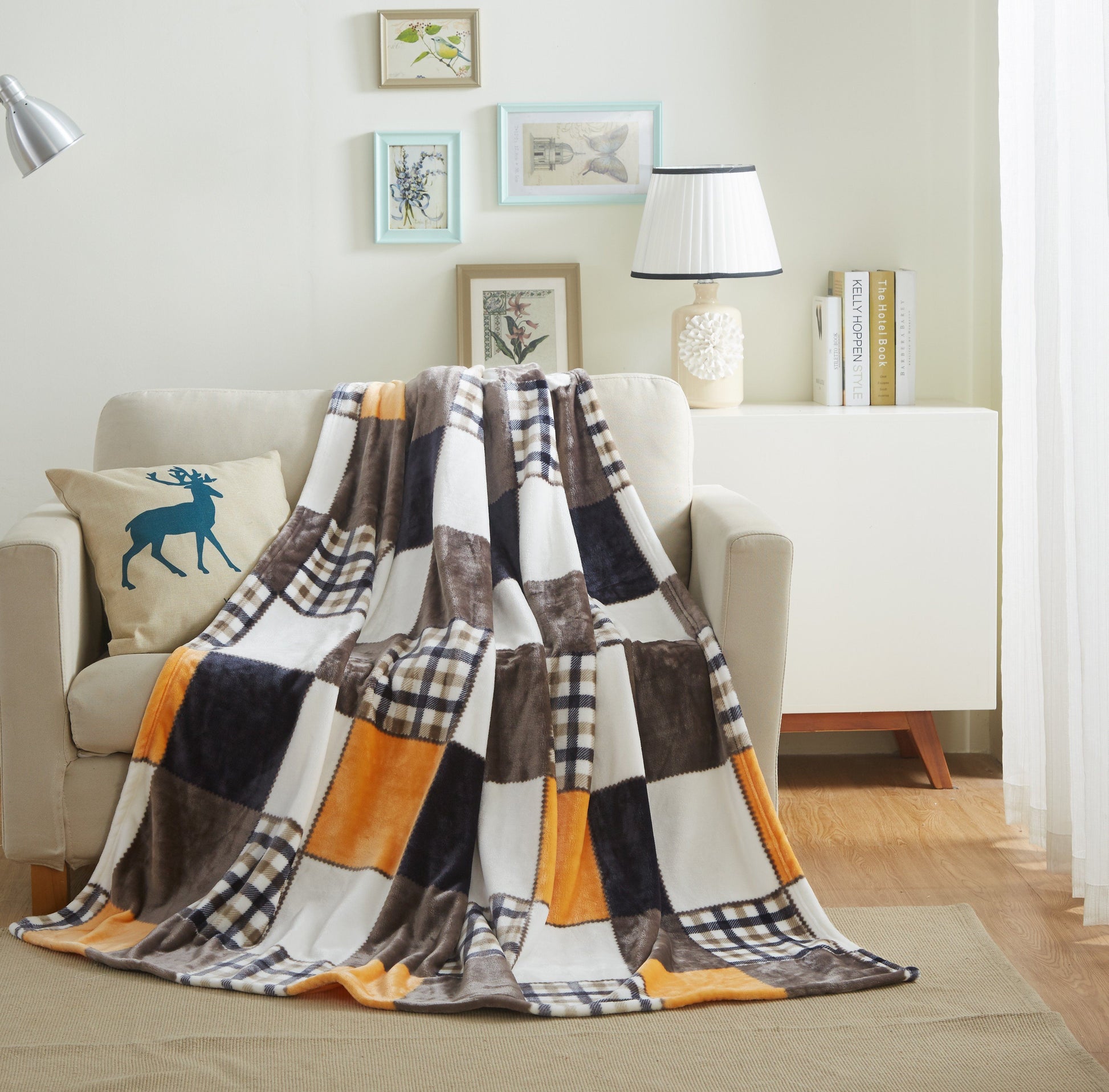 Tache Fall Orange Farmhouse Super Soft Micro Fleece Plaid Patchwork Plush Lightweight Bed Throw Blanket (4021) - - Blanket