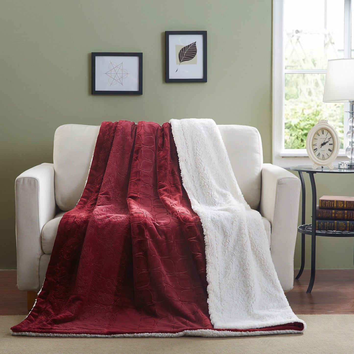 Tache Solid Embossed Merlot Red Reversible Sherpa Throw Blanket (62087) - 90 x 90 - Blanket