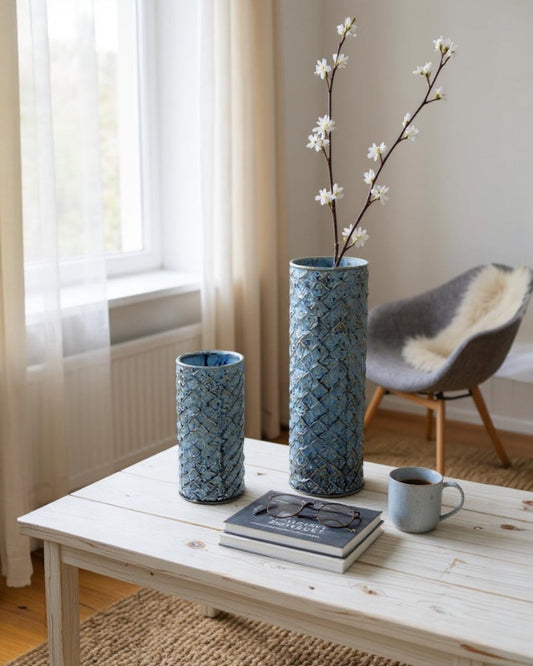 Blue Ceramic Diamond Pattern Vase 2 Sizes - - Vases & Vessels