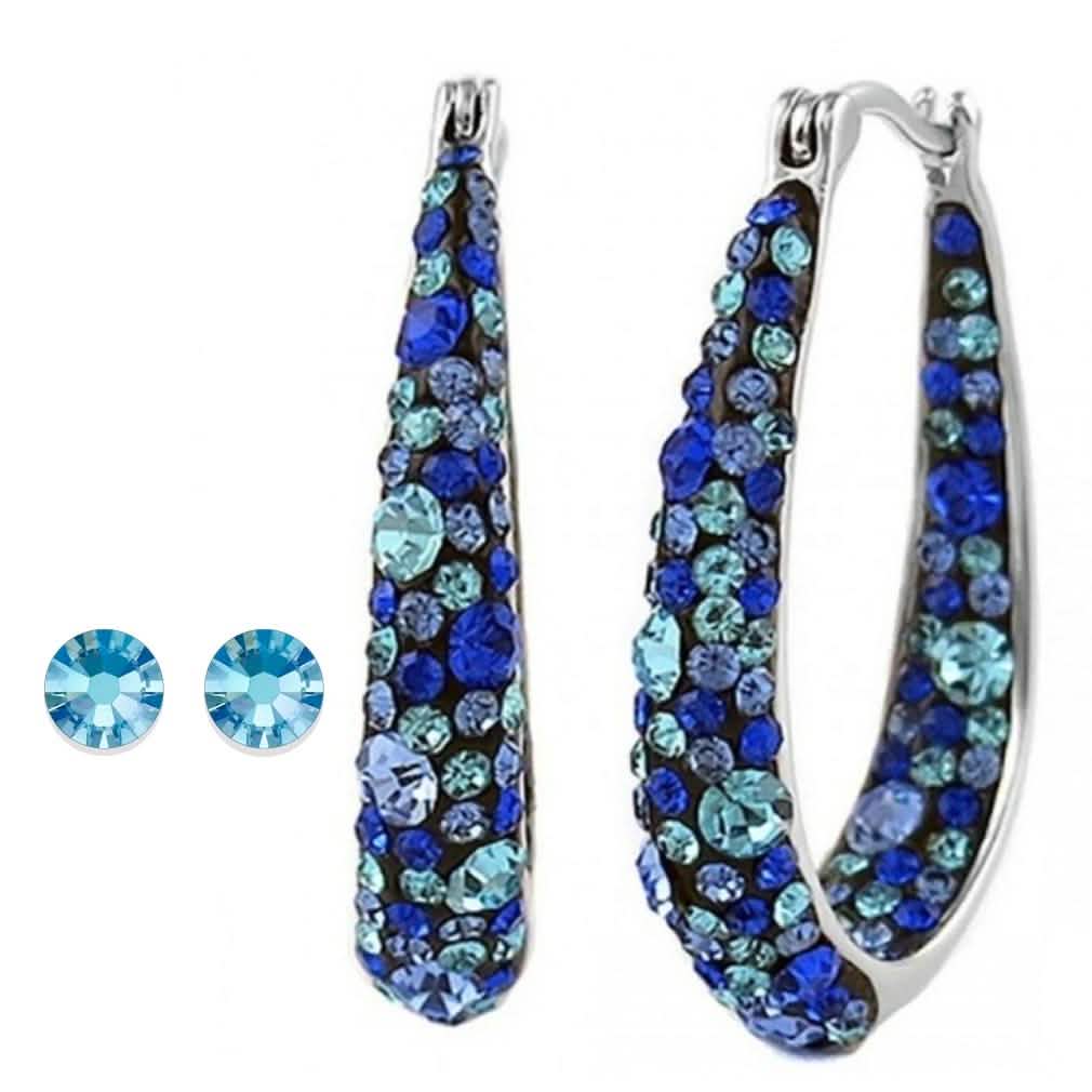Blue Inside Out Hoops in 18K White Gold-Plating Made with Blue Swarovski Crystal - - Earrings