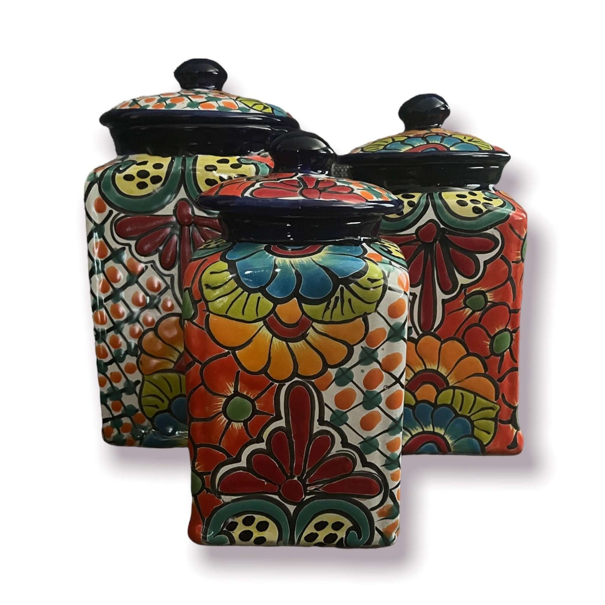 Blue Rim Talavera Canister Set Multicolor Mexican Pottery Jars - - Talavera Canister Set