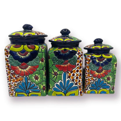 Blue Rim Talavera Canister Set Multicolor Mexican Pottery Jars - - Talavera Canister Set