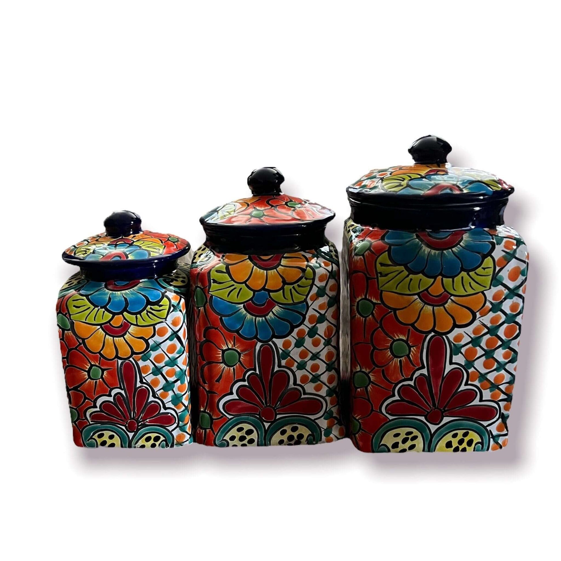 Blue Rim Talavera Canister Set Multicolor Mexican Pottery Jars - - Talavera Canister Set