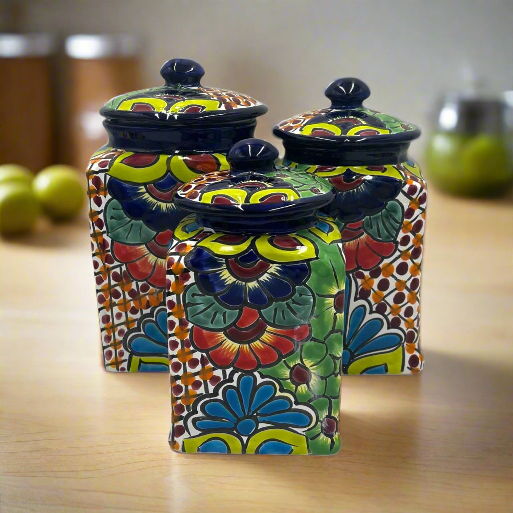 Blue Rim Talavera Canister Set Multicolor Mexican Pottery Jars - - Talavera Canister Set