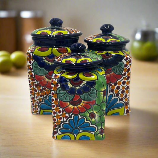 Blue Rim Talavera Canister Set Multicolor Mexican Pottery Jars - - Talavera Canister Set