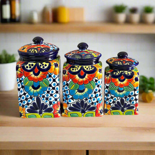 Blue Rim Talavera Canister Set Multicolor Mexican Pottery Jars - - Talavera Canister Set