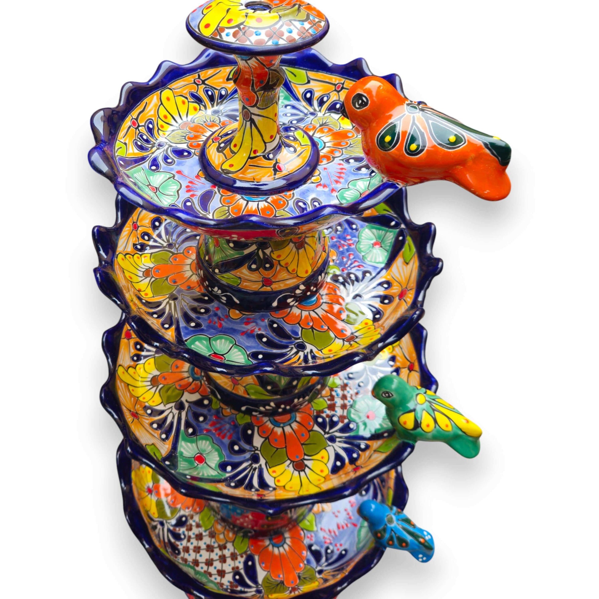 Blue Rim Tiered Talavera Fountain Handmade Mexican Art - - Talavera Fountain