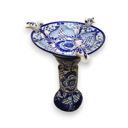 Blue & White Talavera Bird Bath with Rim Birds | Mexican Garden Art- The Talavera Hub- {{Product type}}