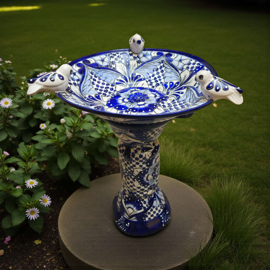 Blue & White Talavera Bird Bath with Rim Birds Mexican Garden Art - - Talavera Bird Bath