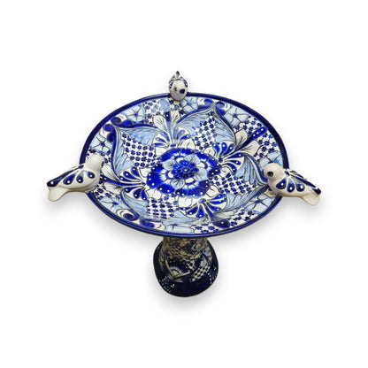 Blue & White Talavera Bird Bath with Rim Birds | Mexican Garden Art- The Talavera Hub- {{Product type}}