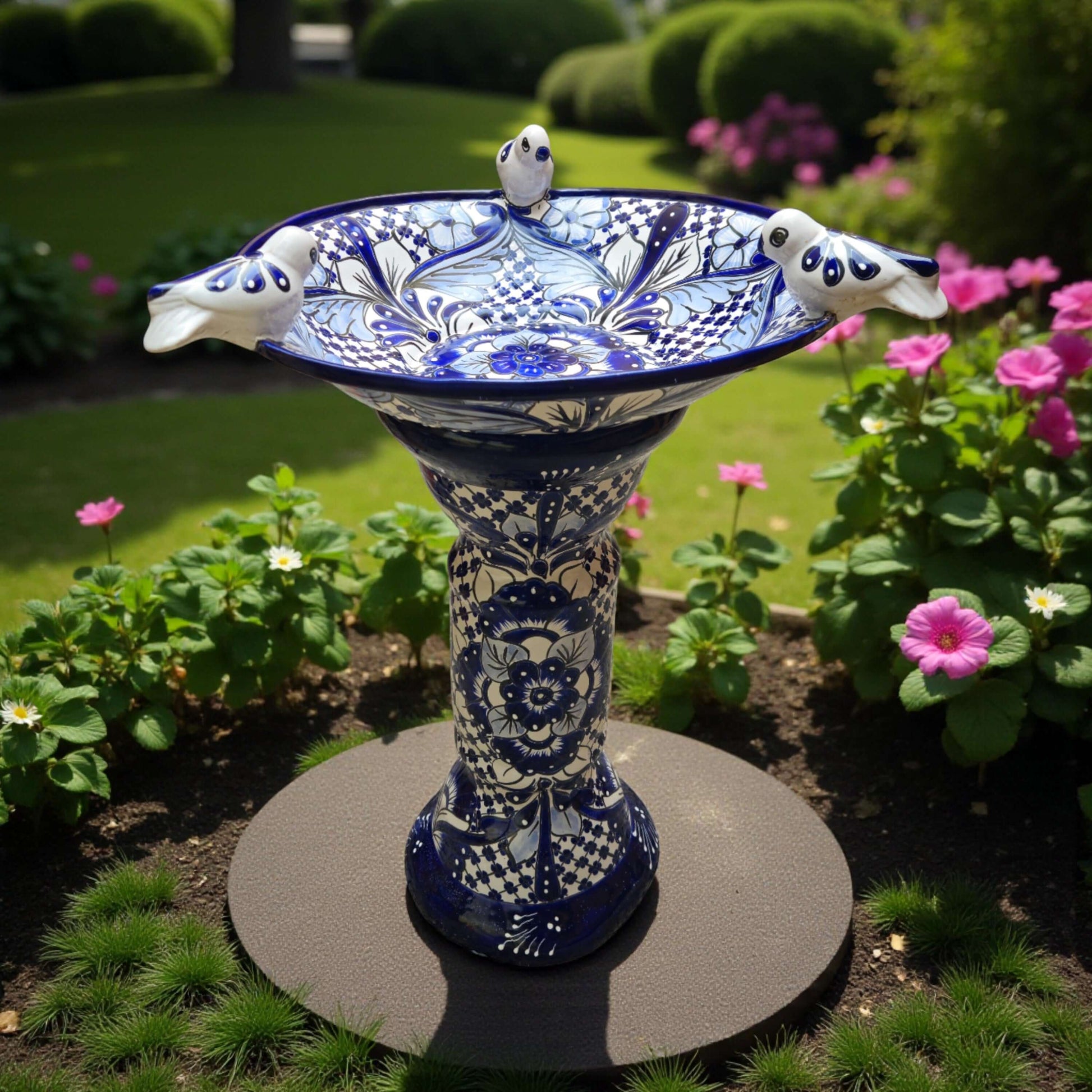 Blue & White Talavera Bird Bath with Rim Birds | Mexican Garden Art- The Talavera Hub- {{Product type}}