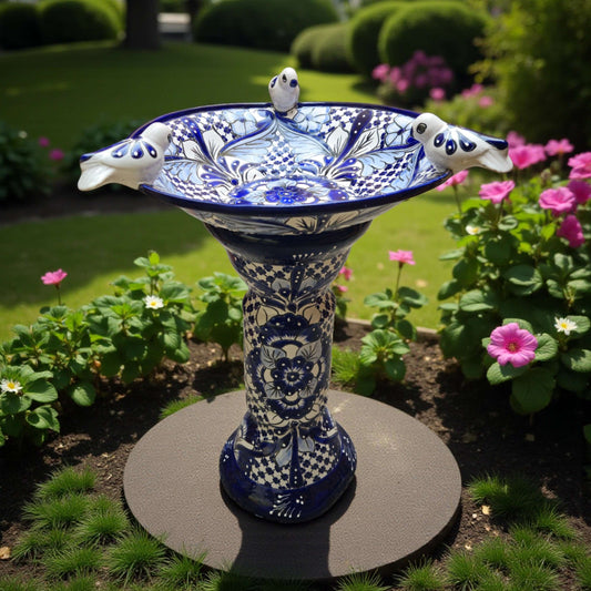 Blue & White Talavera Bird Bath with Rim Birds Mexican Garden Art - - Talavera Bird Bath