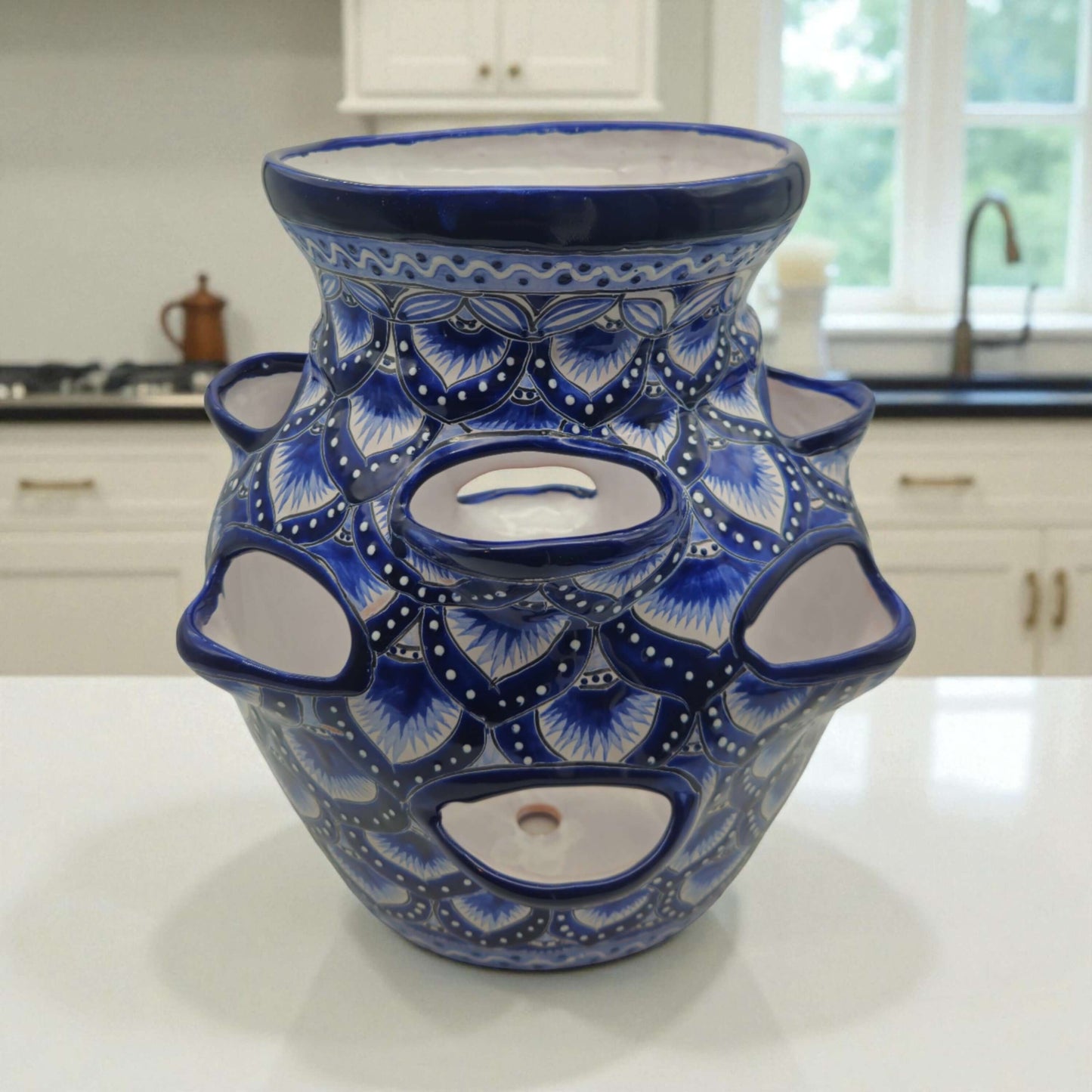 Blue & White Talavera Strawberry Pot Hand-Painted Ceramic Planter - - Talavera Planter