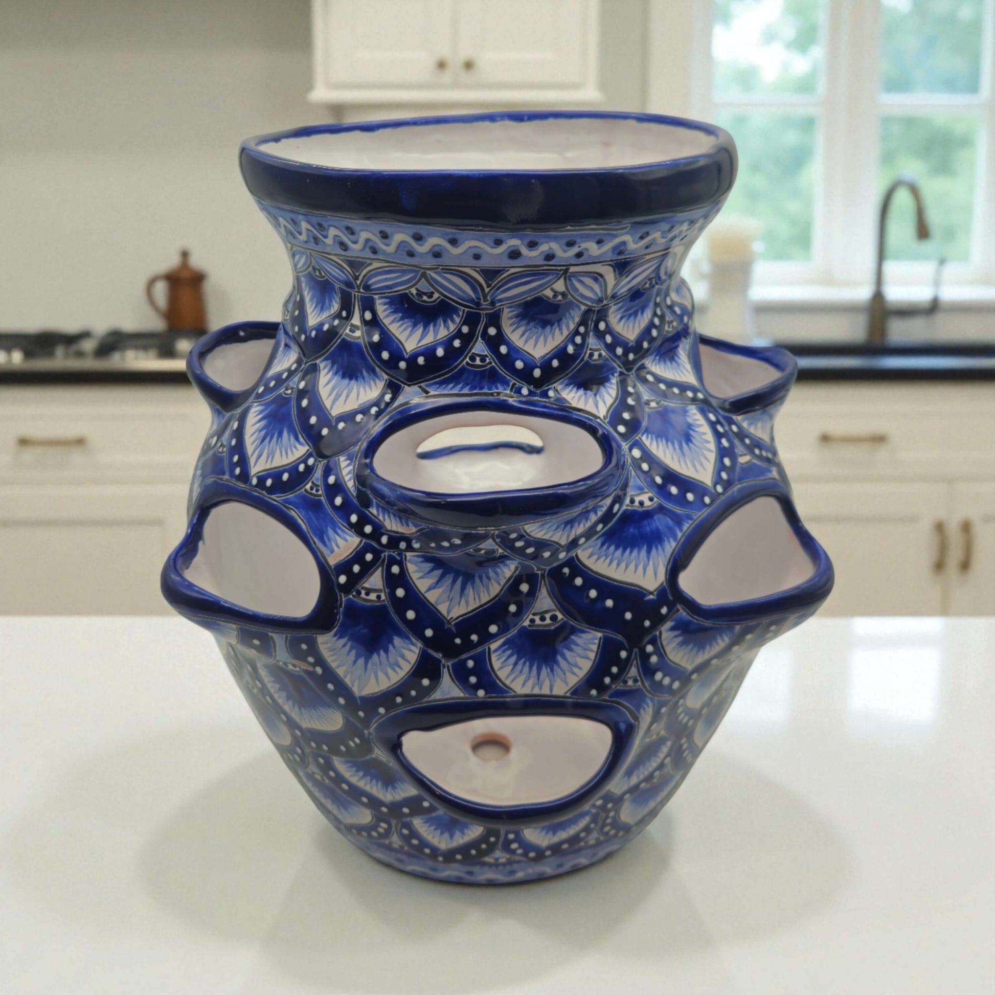 Blue & White Talavera Strawberry Pot Hand-Painted Ceramic Planter - - Talavera Planter