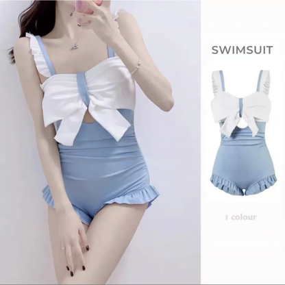 Bow Patchwork Swimsuit – Korean Ruffle One Piece Shorts - Light Blue - Swimwear