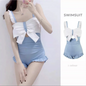 Bow Patchwork Swimsuit – Korean Ruffle One Piece Shorts - Light Blue - Swimwear