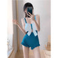 Bow Patchwork Swimsuit – Korean Ruffle One Piece Shorts - Blue - Swimwear