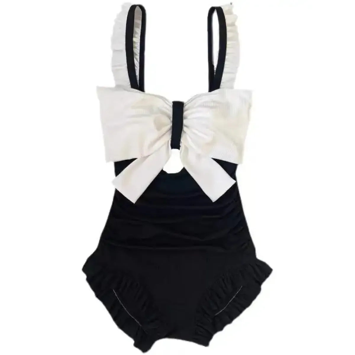 Bow Patchwork Swimsuit – Korean Ruffle One Piece Shorts - Black - Swimwear