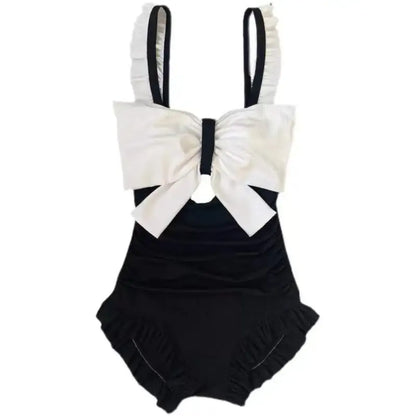 Bow Patchwork Swimsuit – Korean Ruffle One Piece Shorts - Black - Swimwear