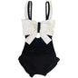 Bow Patchwork Swimsuit – Korean Ruffle One Piece Shorts - Black - Swimwear