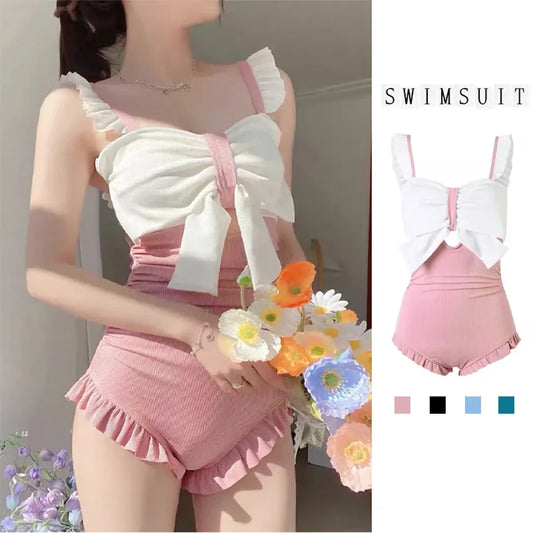 Bow Patchwork Swimsuit – Korean Ruffle One Piece Shorts - - Swimwear