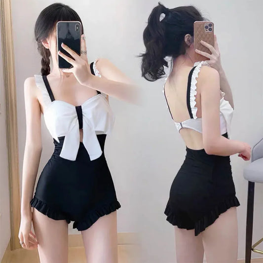 Bow Patchwork Swimsuit – Korean Ruffle One Piece Shorts - - Swimwear