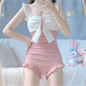 Bow Patchwork Swimsuit – Korean Ruffle One Piece Shorts - Pink - Swimwear