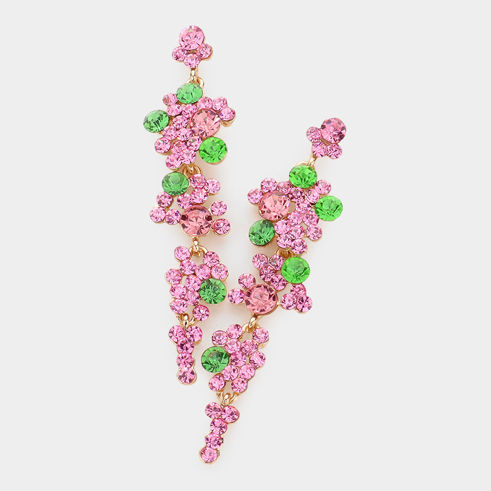 Bubble Stone Cluster Dangle Evening Earrings - Gold, Pink&Green - Earrings