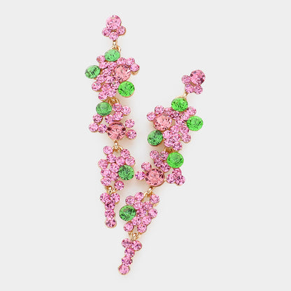 Bubble Stone Cluster Dangle Evening Earrings - Gold, Pink&Green - Earrings