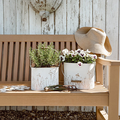Rustic Cream Mushroom Embossed Metal Buckets, Set of Two - -