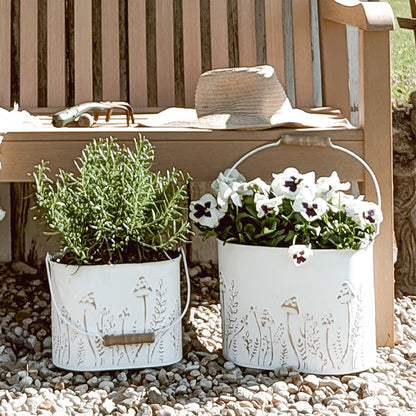 Rustic Cream Mushroom Embossed Metal Buckets, Set of Two - -