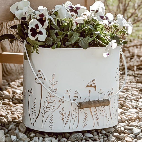 Rustic Cream Mushroom Embossed Metal Buckets, Set of Two - -