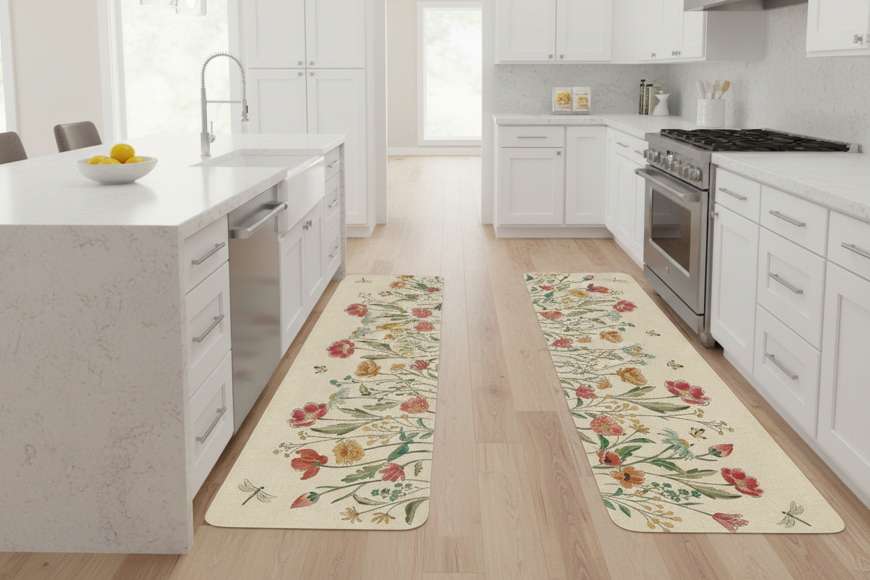 Set of 2 Non-Slip Floral Butterfly Kitchen Mats - - rugs