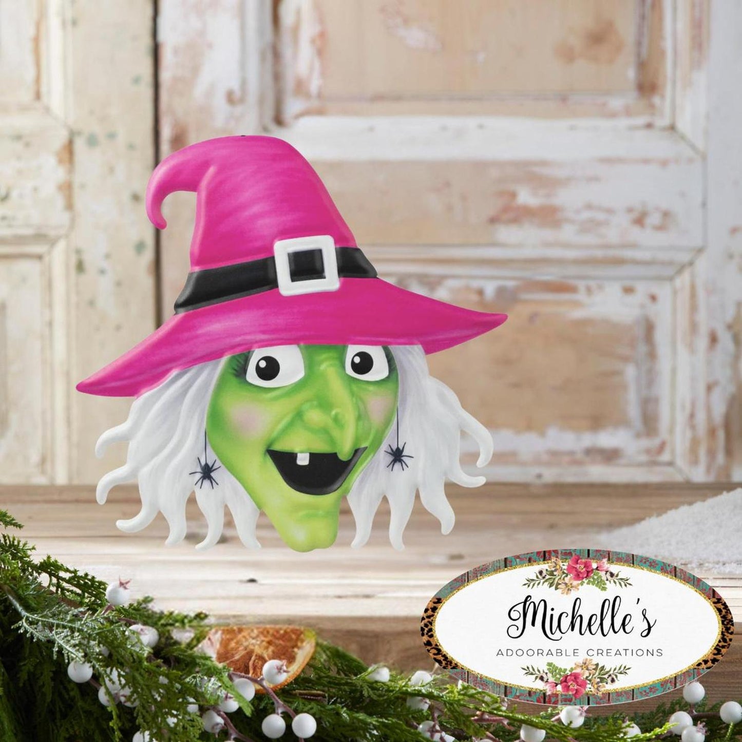12" Metal Embossed Sign: Witch Head (Pink) - - Halloween Decor