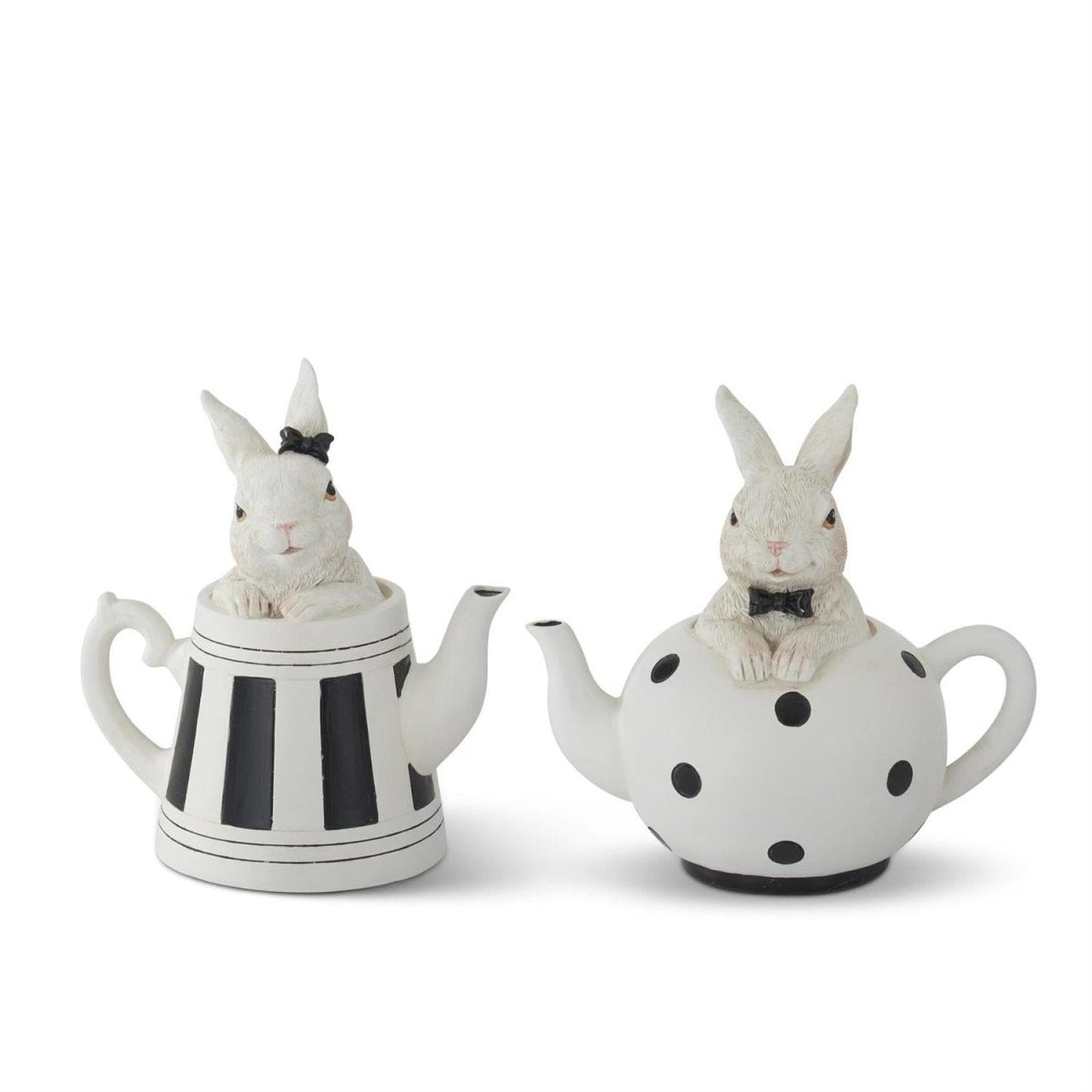 5.75 in White Resin Bunnies in Black & White Teapots (Set of 2) - - Easter Decor