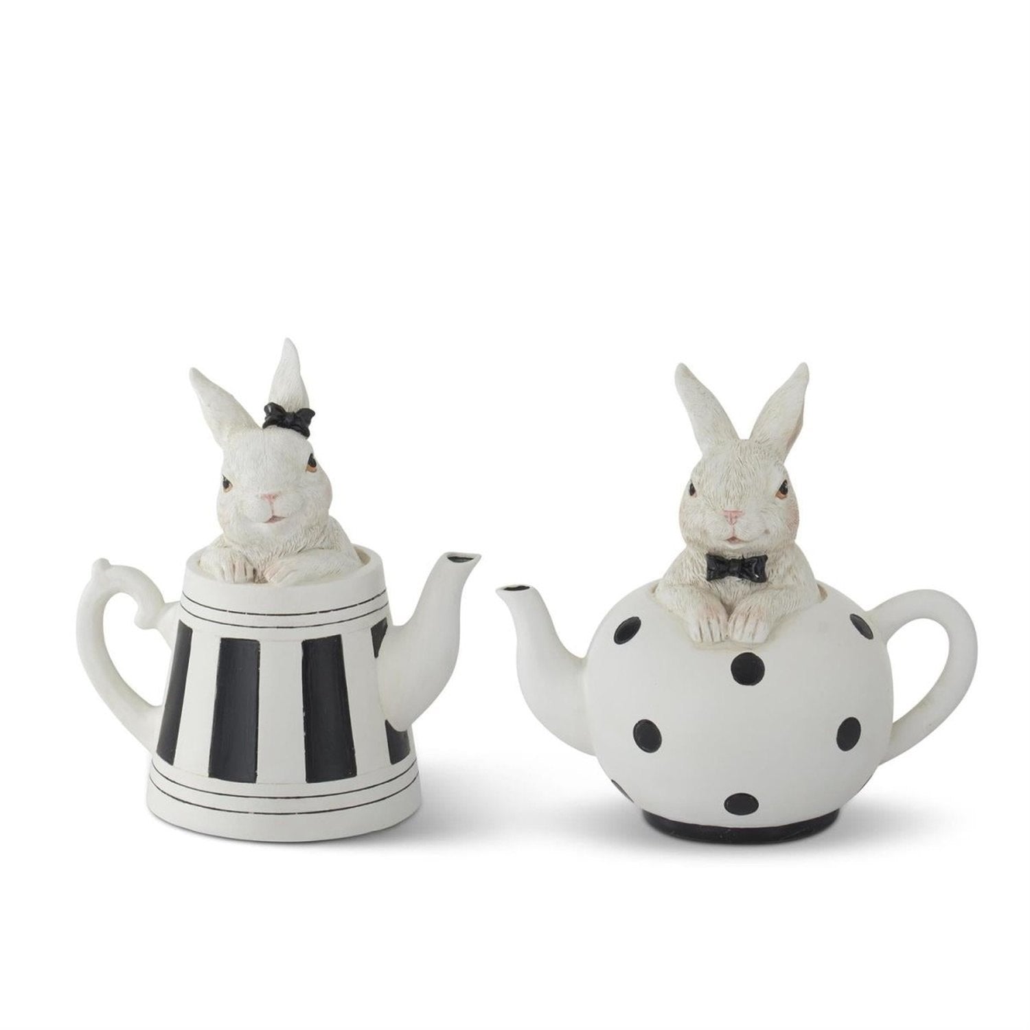 5.75 in White Resin Bunnies in Black & White Teapots (Set of 2) - - Easter Decor