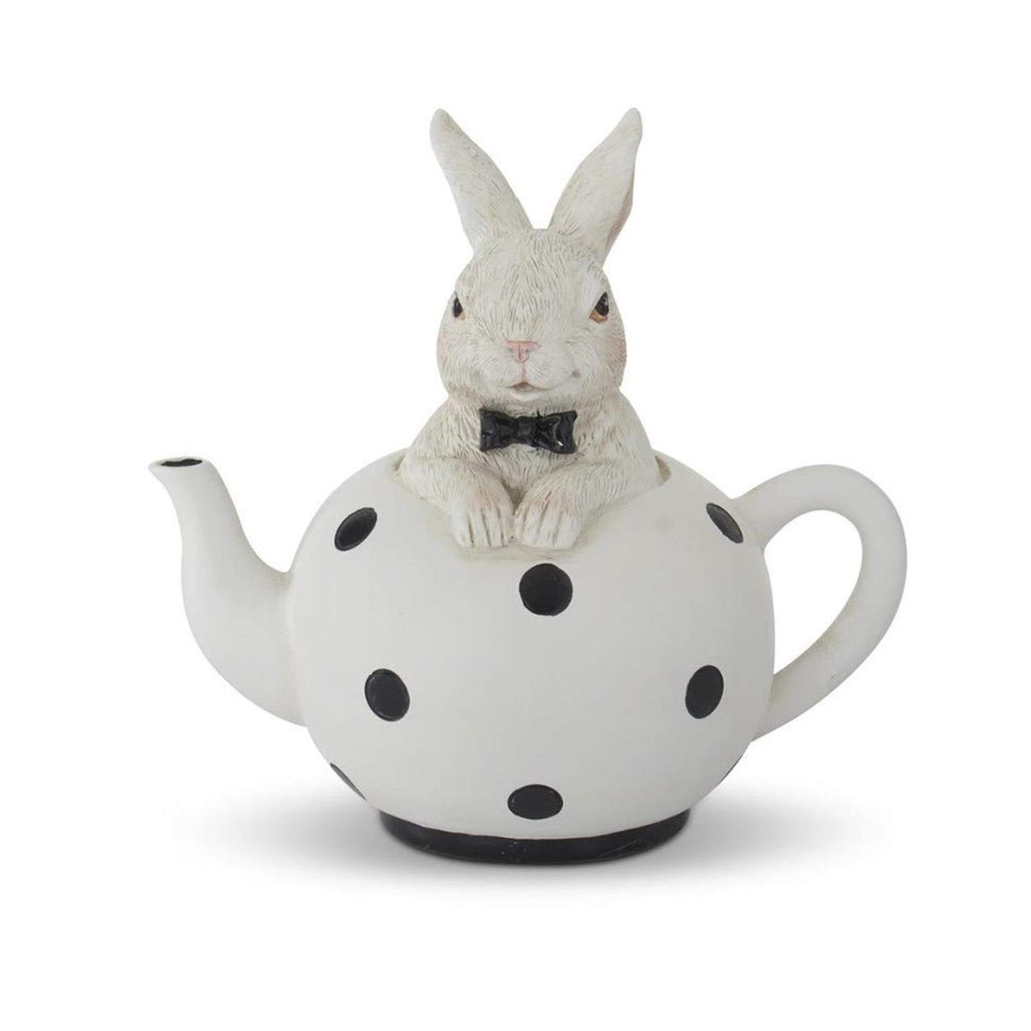 5.75 in White Resin Bunnies in Black & White Teapots (Set of 2) - - Easter Decor