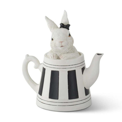 5.75 in White Resin Bunnies in Black & White Teapots (Set of 2) - - Easter Decor