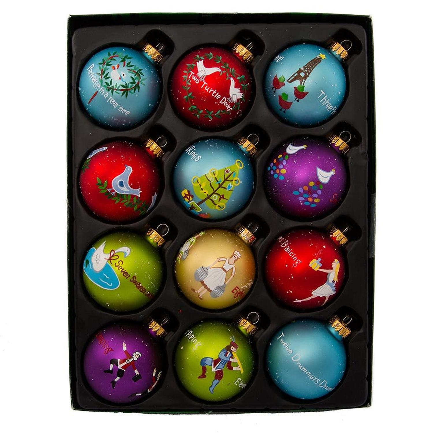 Kurt Adler 65MM Glass 12 Days Of Christmas Ball Ornaments, Set of 12 - - Holiday Ornaments