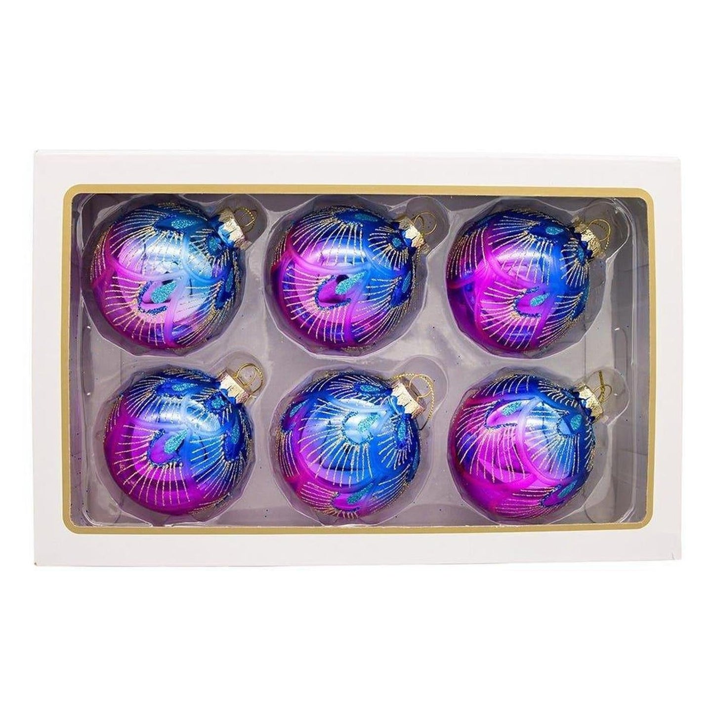 Kurt Adler 80MM Glass Purple and Blue Peacock Ball Ornaments, (Set of 6) - - Holiday Ornaments