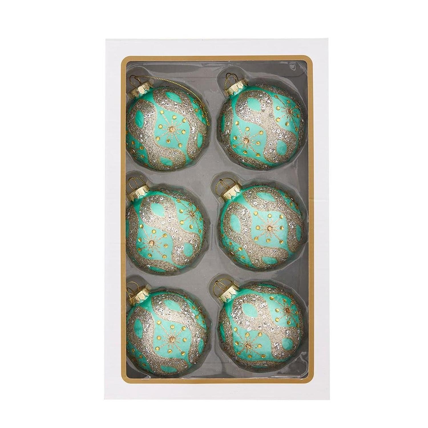 Kurt Adler 80MM Glass Teal and Blue Glass Ornaments, 6-Piece Box - - Holiday Ornaments
